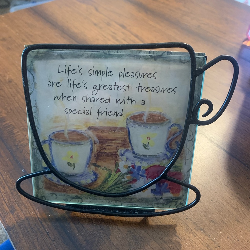 Unique poem/saying on card stock under glass on metal stand with coffee theme